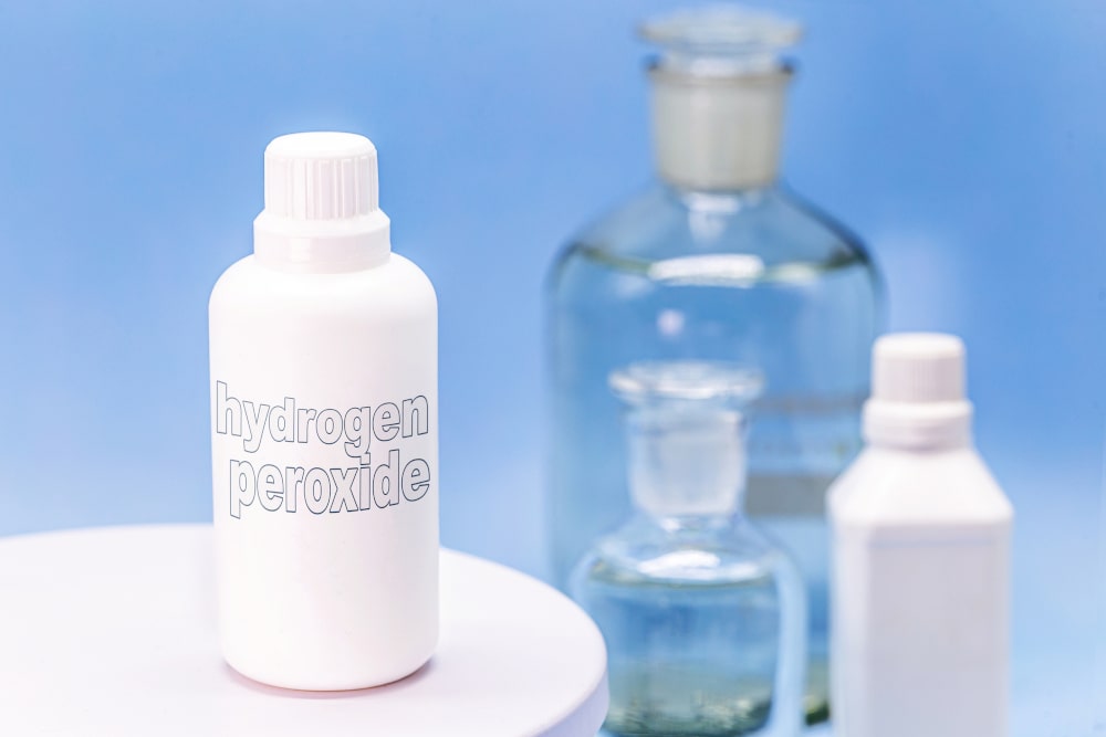 3% hydrogen peroxide bottle for oral care and dental hygiene use.